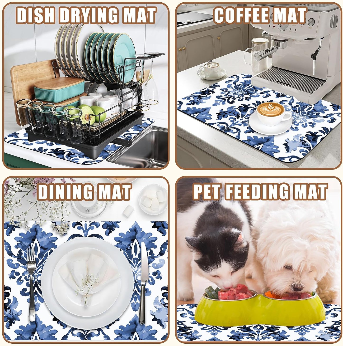 Blue Damask Flower Dish Drying Mat for Kitchen Counter Bar Mat Hide Stain Absorbent Rubber Backed Coffee Maker Espresso Machine Bar Accessories 11.8 x 19.7 Inch