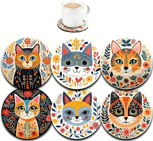 Coasters Set of 6, Wood Coasters for Drinks - Handcrafted Cat Design Thick Heat-Resistant for Beer, Coffee, Office, Bar,