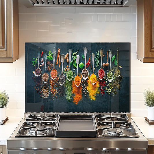 DAIFURONGE Tempered Glass Stove Backsplash Panel - Artistic Spice Design | Heat-Resistant Splash Guard, Kitchen Wall