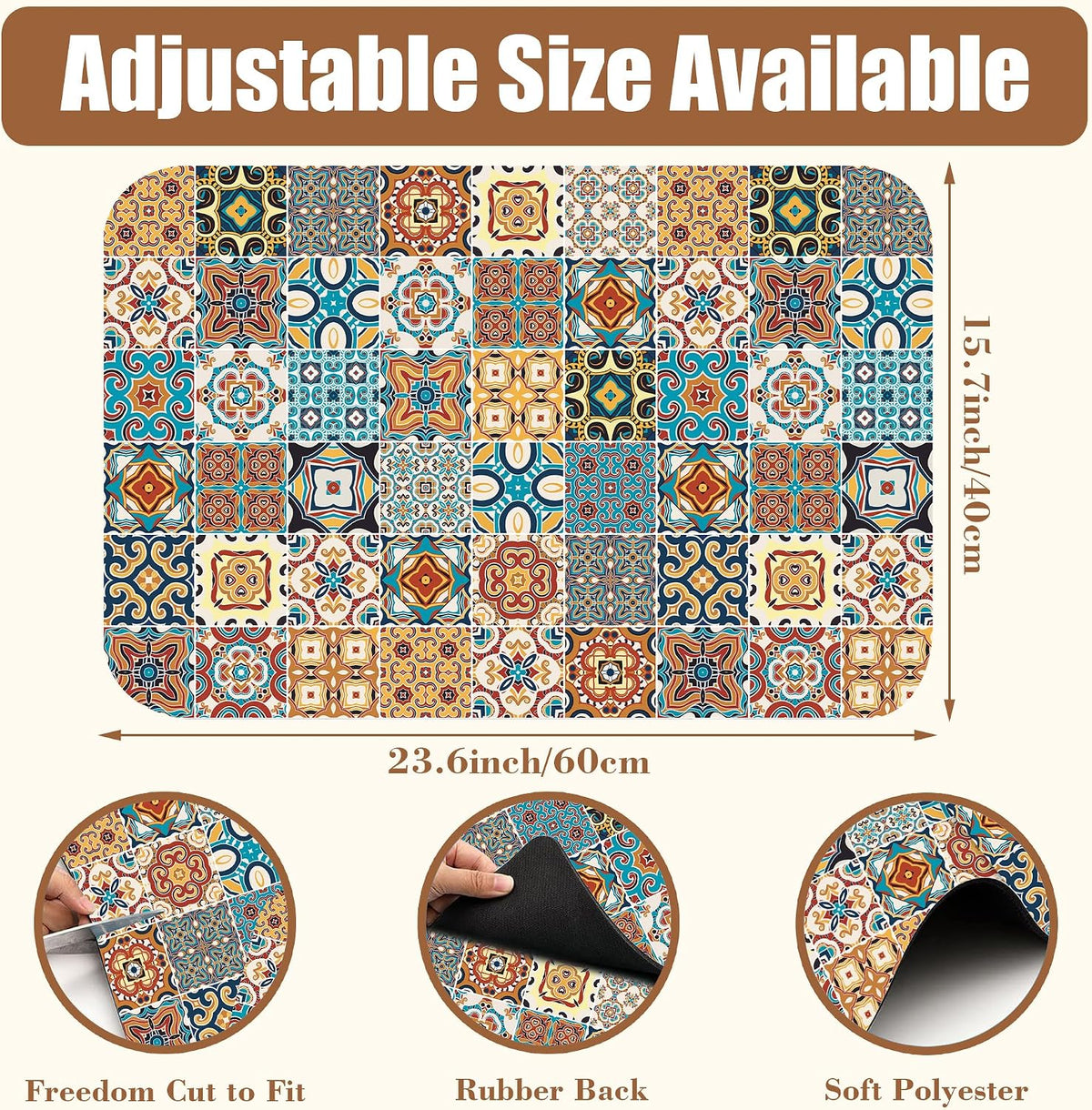 Dish Drying Mat Multicolor Portuguese Tiles Coffee Bar Mat for Countertop Absorbent Rubber Backed Hide Stain Dish Drainer Rack Pad Coffee Maker Espresso Machine Dining Room Decor 15.7 x 23.6 Inch