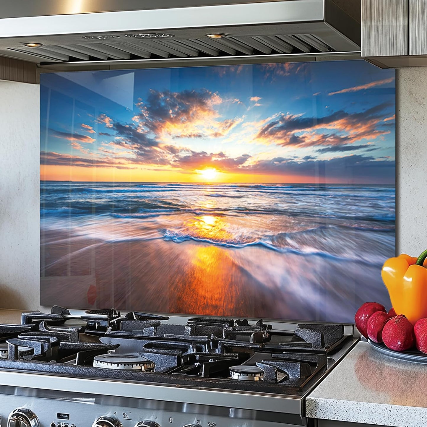 DAIFURONGE Tempered Glass Backsplash for Kitchen,Sea Beach Design,30"x20" | Behind Stove Back Splash Panel Protector, Easy to Clean, Kitchen Wall Decorative