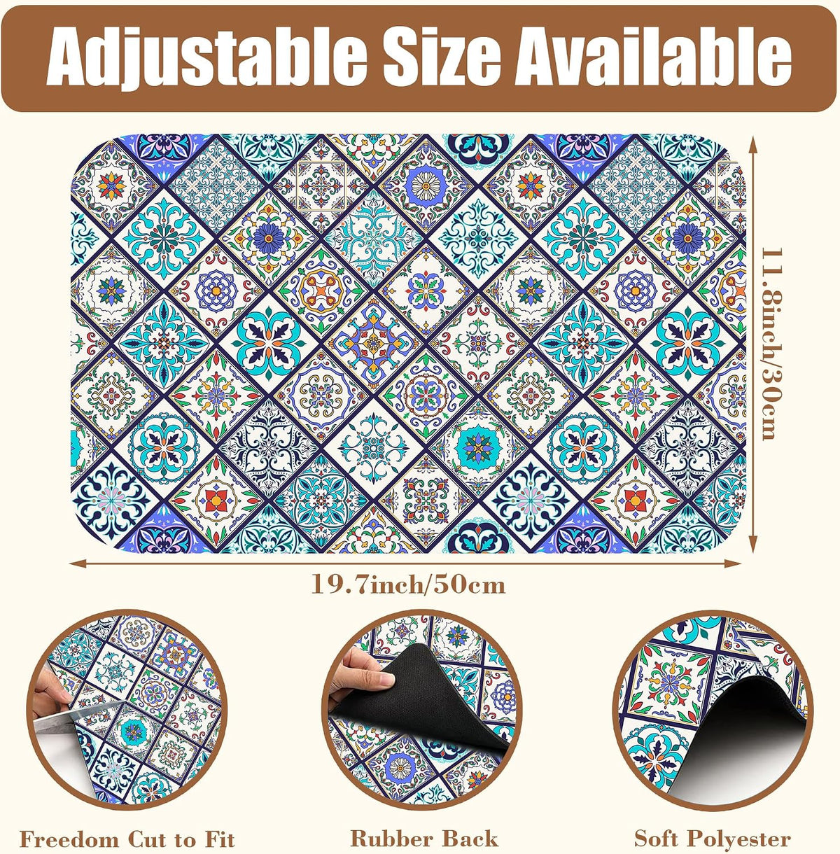 Colorful Tiles Dish Drying Mat for Kitchen Counter Coffee Mat Hide Stain Absorbent Non-Slip Rubber Backed Drying Rack Pad Espresso Machine Coffee Bar Accessories 11.8 x 19.7 Inch