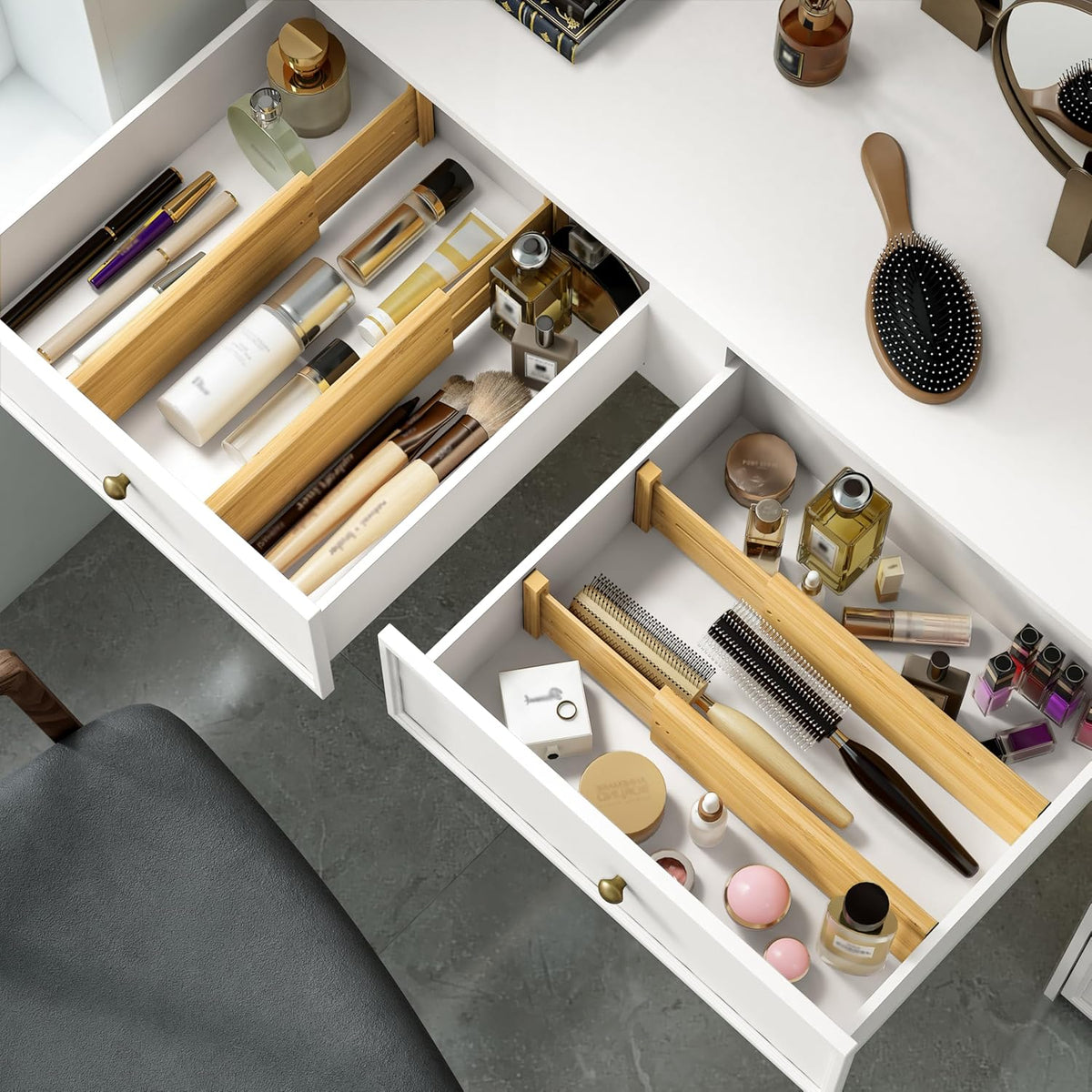 BAMEOS Bamboo Expandable Drawer Dividers – Fits 12.2"–17" Drawers, 4" Extra Deep Walls, Set of 4 | Tall Spring-Loaded Separator for Baby Dresser, Sock Drawer &amp; Bathroom Cabinet
