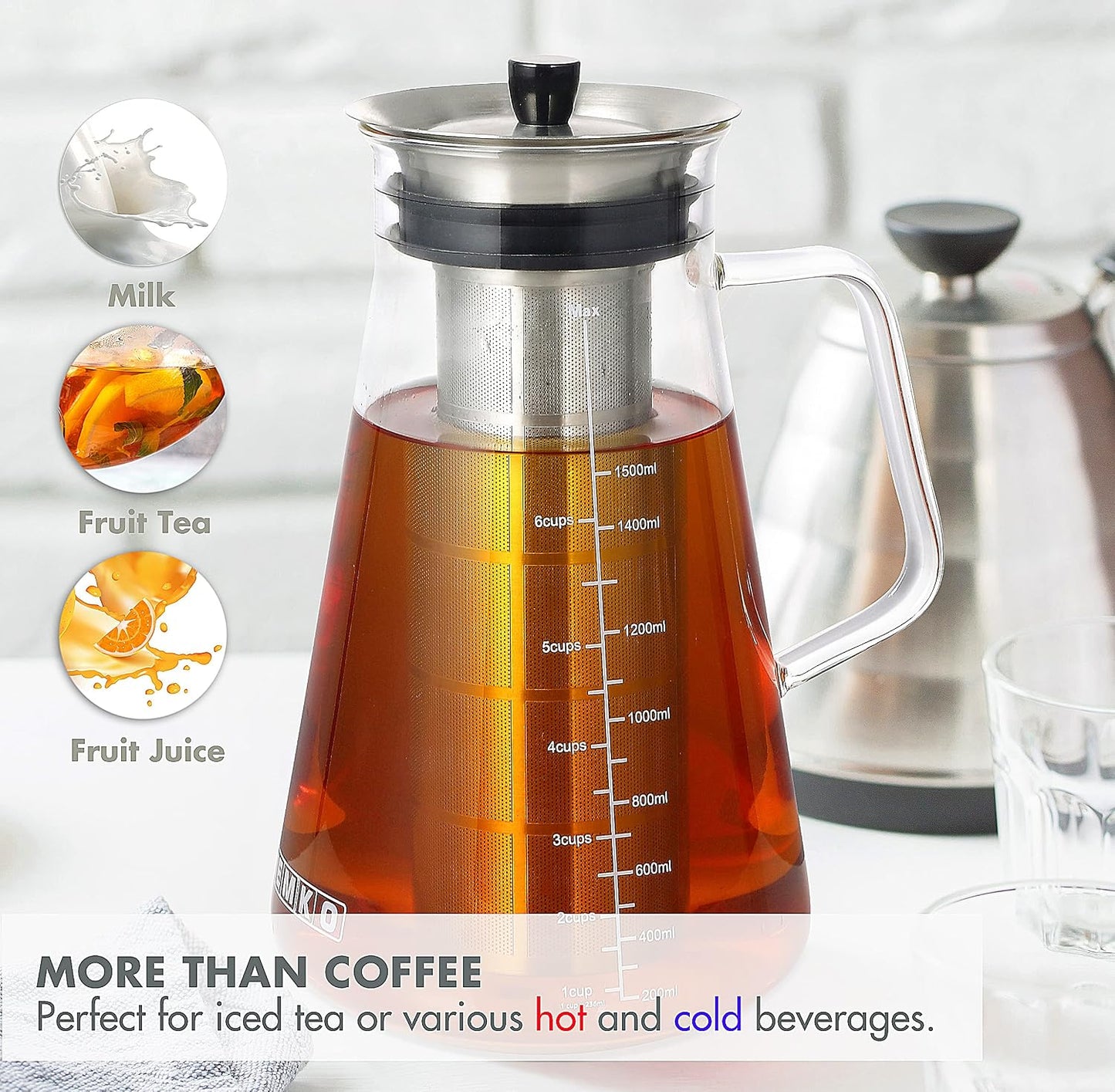 Aquach 51oz Cold Brew Maker, Borosilicate Glass Iced Coffee Tea Pitcher | Dishwasher Safe, Up to 2 Weeks Freshness, Tapered Stability, Refrigerator Fit, 304 Stainless Filter