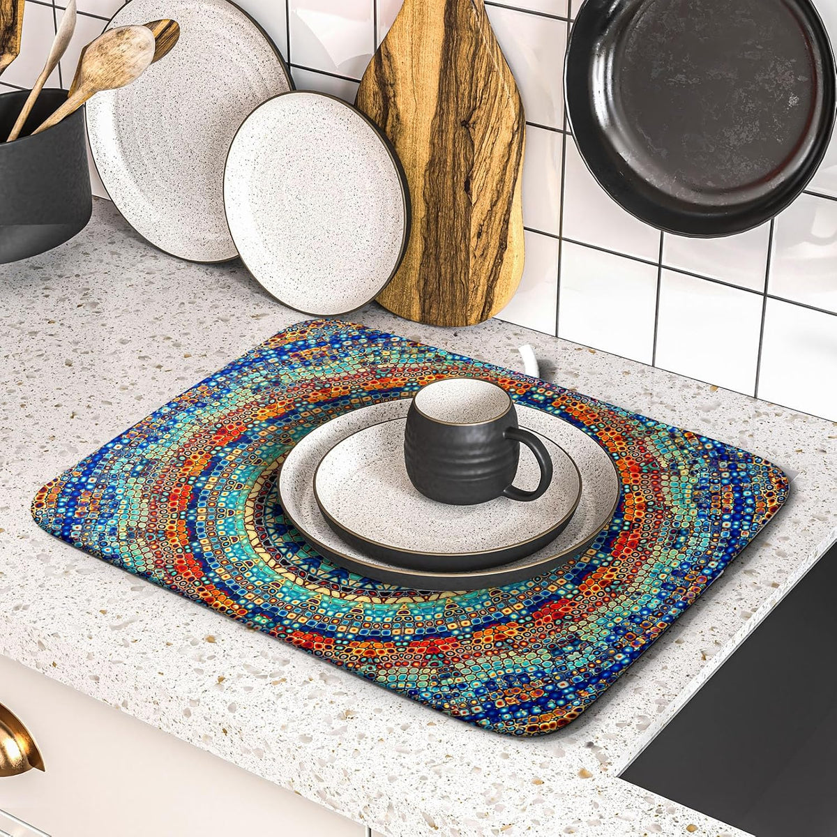 Bohemian Mandala Dish Drying Mat for Kitchen Counter Boho Ethnic Drying Mat 16 x 18 Inch with High Absorbent Reversible Microfiber Dish Drying Pad Dish Rack Pad Drainer Mat for Coffee Bar