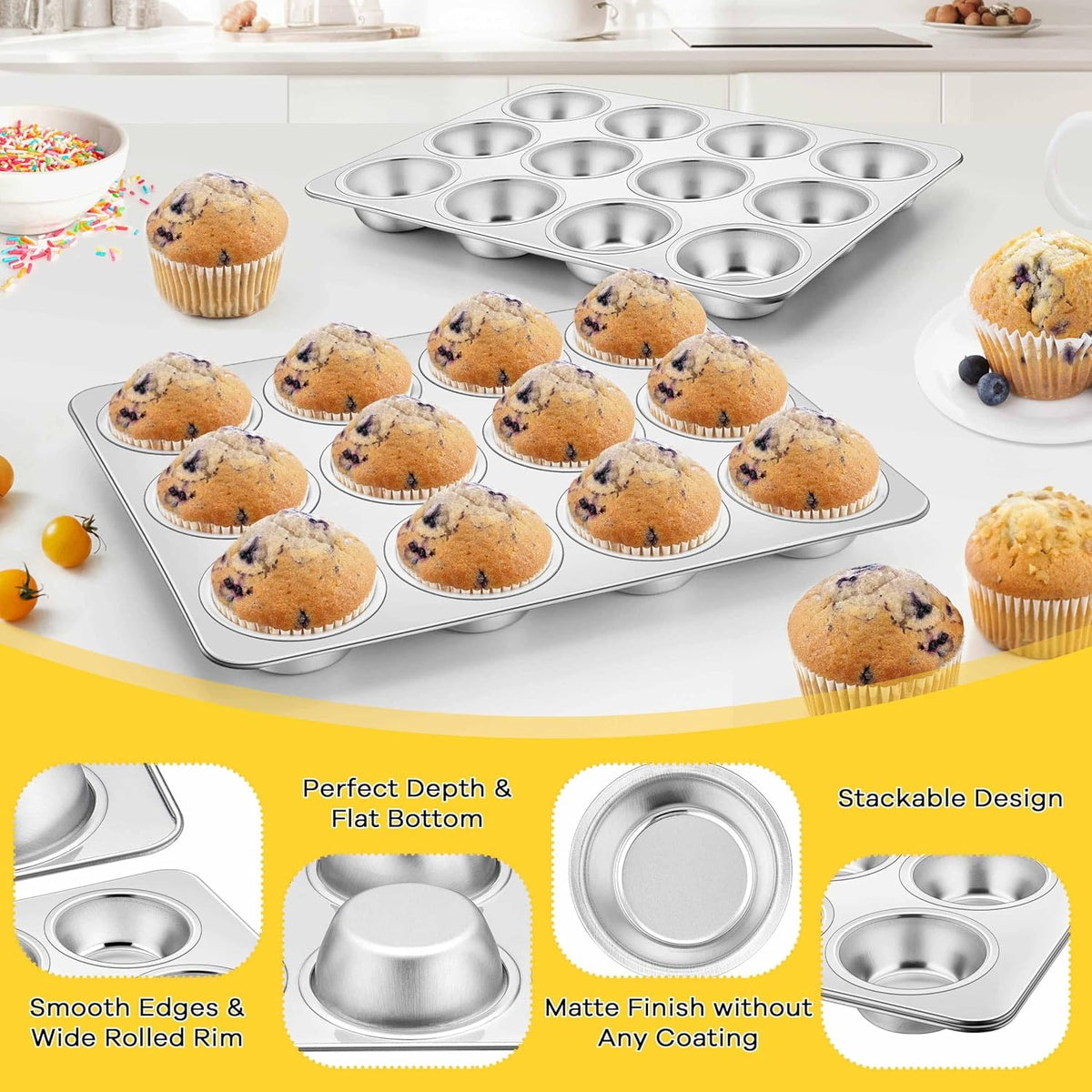 Homikit Stainless Steel Muffin Cupcake Pan 12 Cups, Non Toxic &amp; Heavy Duty | 1PC Nonstick Cupcake Baking Tins Regular Size, 13.8 x 10.4 Inch Metal Egg Bites Tray for Oven, Easy Release, Dishwasher Safe