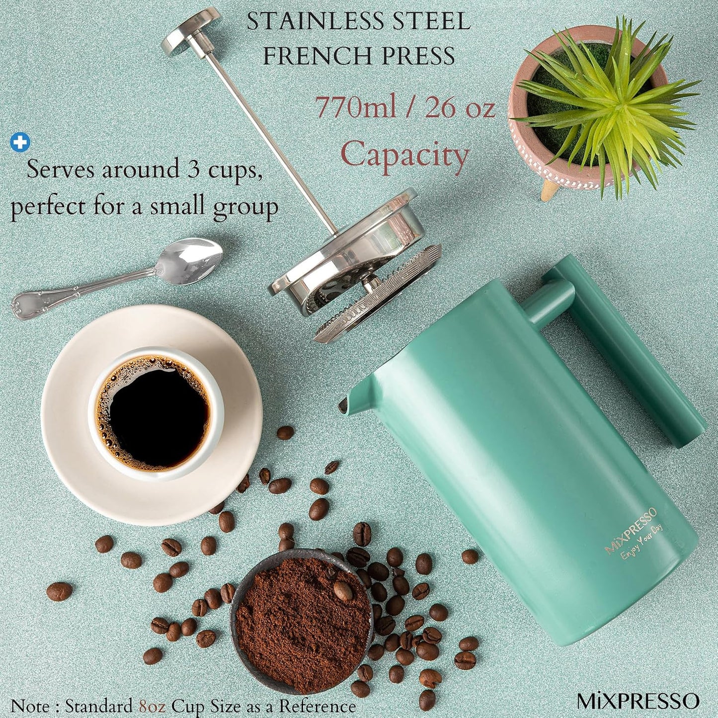 Mixpresso French Press Coffee Maker, 26 Oz Stainless Steel Coffee Press | Double wall insulated stainless steel French Press with durable filter for coffee or loose leaf tea, easy to press and clean