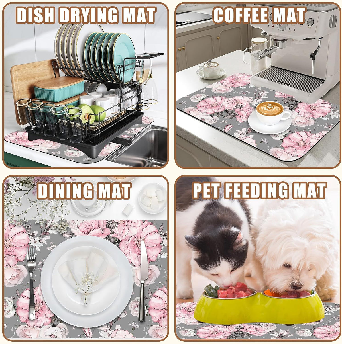 Pink Flowers and Leaves Coffee Mat Absorbent Dish Drying Mat for Kitchen Counter Hide Stain Rubber Backed Coffee Bar Accessories Fit Under Espresso Machine Dish Drainer, 15.7 x 23.6 Inch