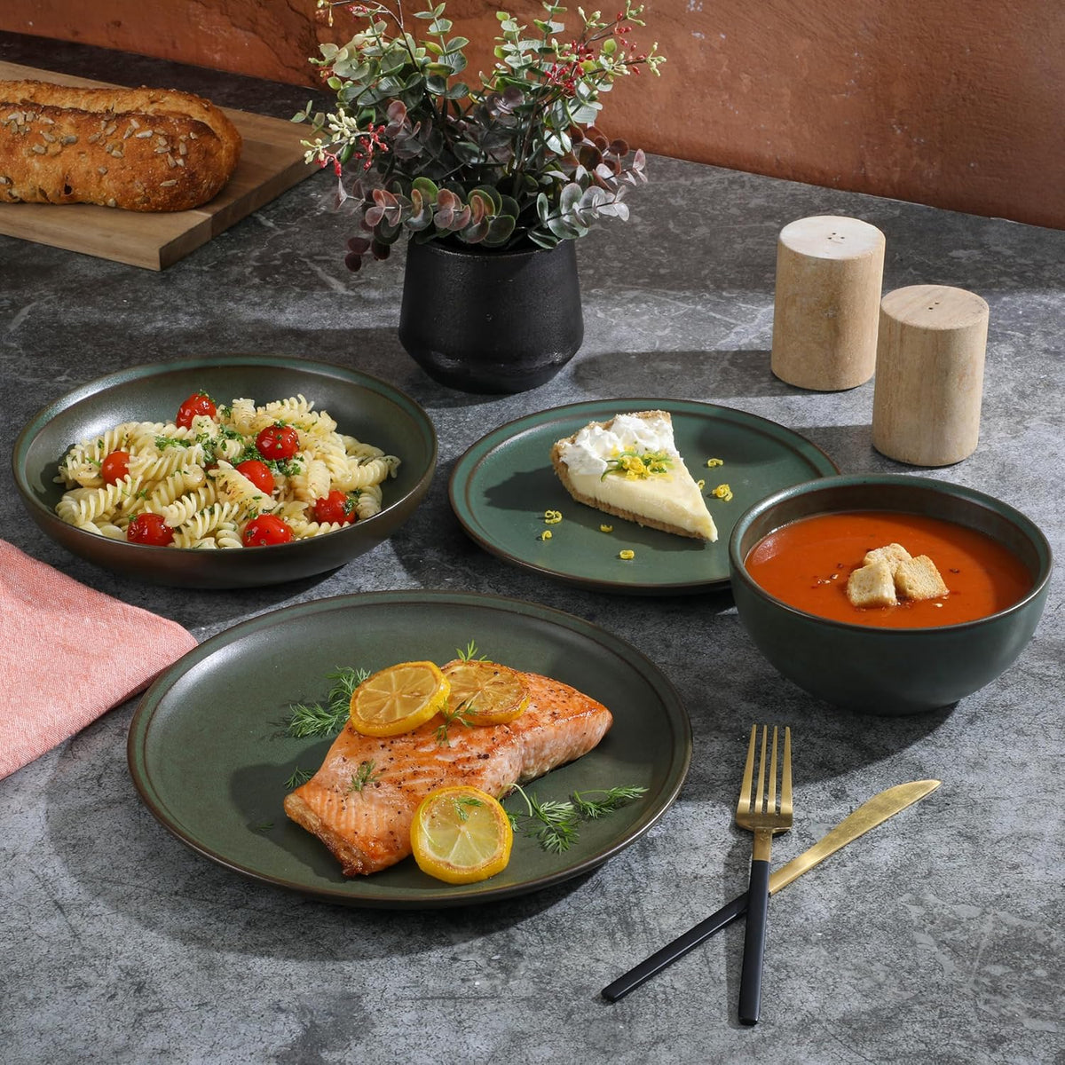 Gibson Elite Beckett Stoneware Matte Reactive Glaze 16 Piece (Service for 4) Plates and Bowls Dinnerware Set - Green