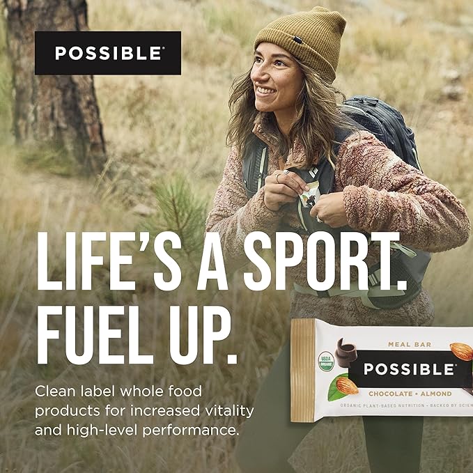 POSSIBLE Meal Bar - High Protein Energy Bars with 20g of Organic Plant-Based Protein - Vegan, Gluten-Free, Non-Dairy - USDA Organic - Clean Label - 1 Box, 10 Bars - Chocolate Almond