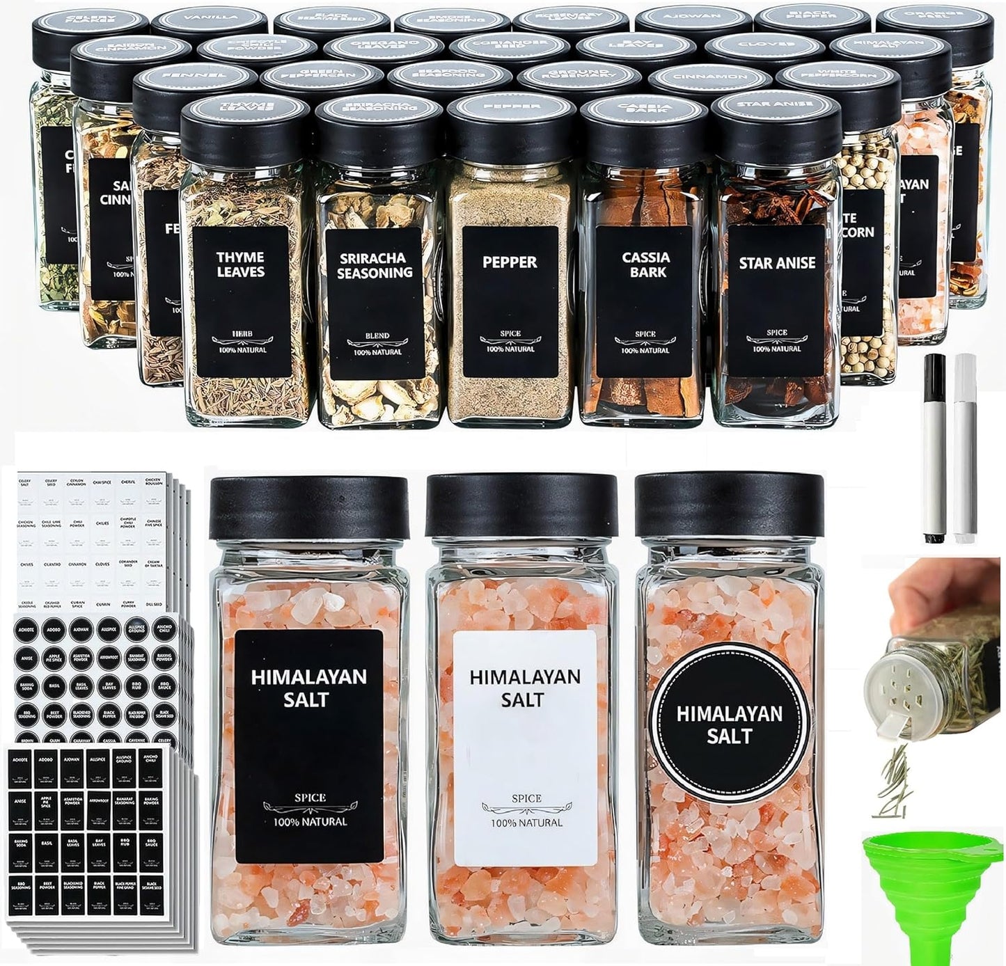 24Pcs Spice Jars Containers with Labels，4oz Black Seasoning Bottles with Shaker Lids for Rack, Cabin