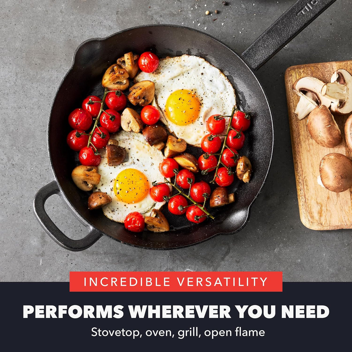 GreenPan x Bobby Flay 10” Cast Iron Pre-Seasoned Skillet with Helper Handle, Professional Grade Heavy Duty, Induction, Pour Spouts, Versatile Stovetop, Oven, BBQ Grill Fire, Indoor/Outdoor Use, Black