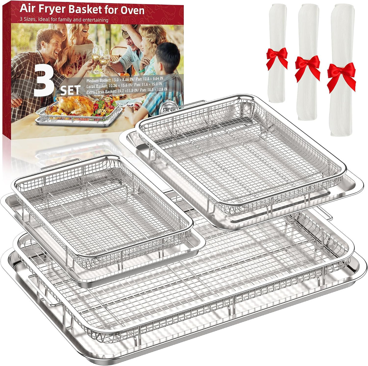 OPENICE Air Fryer Basket for Oven, 3 Set Oven Air Fryer Basket and Tray