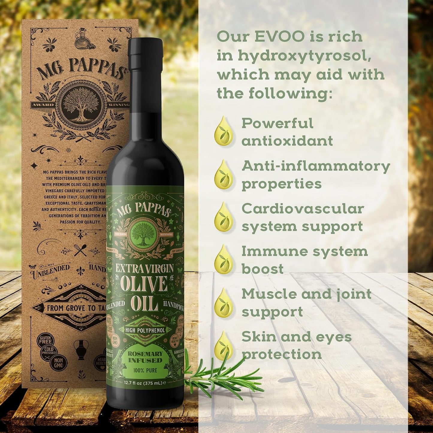 M.G. PAPPAS Rosemary Infused Olive Oil - High Polyphenol Rich Extra Virgin Olive Oil Unfiltered - Over 500mg/Kg - Cold Pressed Greek EVOO Award Winning - Rosemary Oil Cooking 12.7 Oz