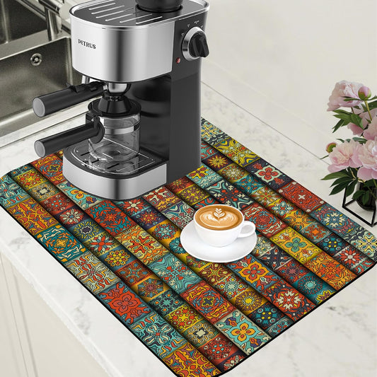 Boho Dish Drying Mat Colorful Mandala Flower Coffee Bar Mat for Countertop Absorbent Rubber Backed Hide Stain Dish Drainer