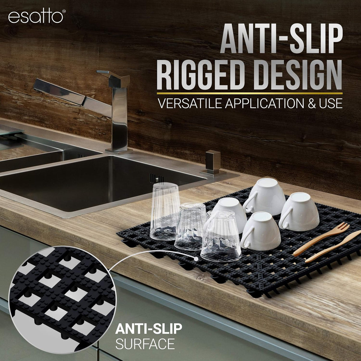 Esatto 12x12 Interlocking Shelf Mats, Firm Wire Rack Liners, 6 Pack, Black