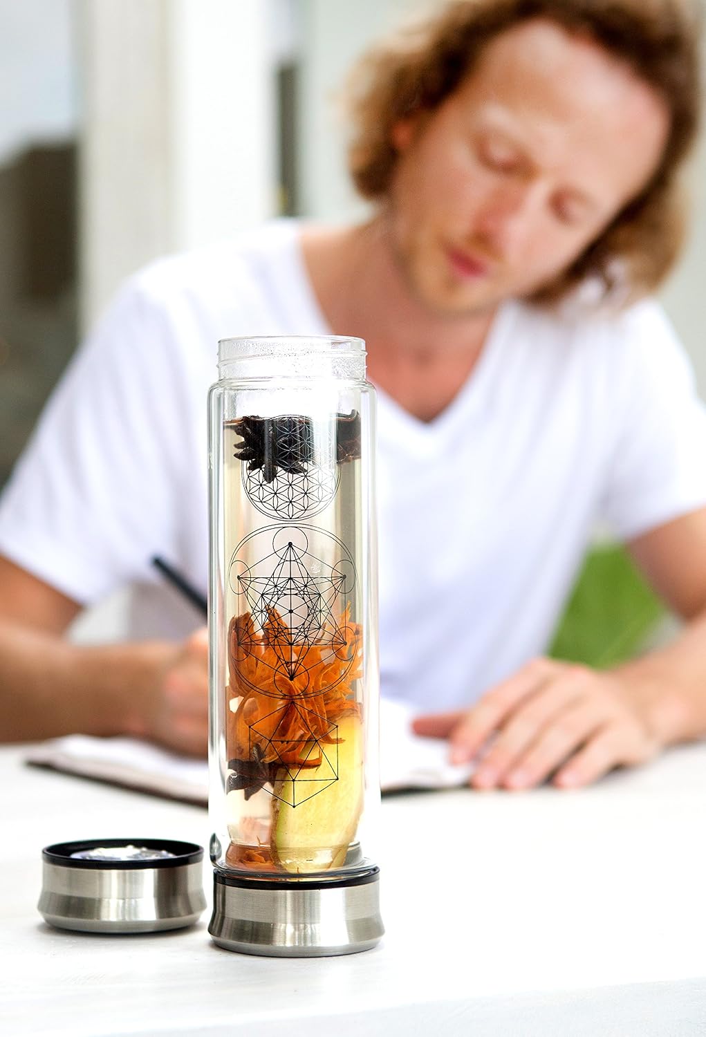 Sacred Lotus Love Double-Walled Glass Tea Infuser Bottle 14oz Portable Travel Mug with Strainer and Sleeve for Loose Leaf Tea, Coffee, Smoothies - Insulated Tumbler with Lid for Hot and Iced Beverages