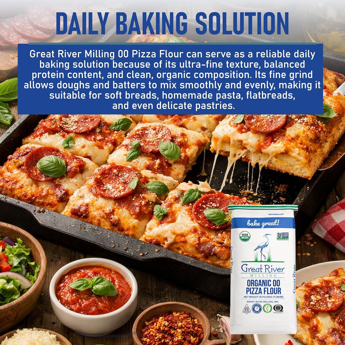 Great River Milling Organic 00 Pizza Flour, Neapolitan Style, 25 lb | Organic 00 Pizza Flour for Neapolitan pizza dough, focaccia, flatbreads, artisan bread and pasta; smooth extensible dough