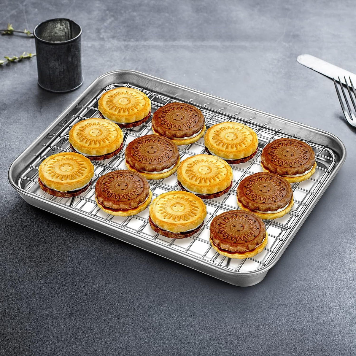 Stainless Steel Baking Sheet Cookie Sheet Pan with Cooling Rack Set of 4 | Baking Pan Cookie Pan with Rack for oven, Size 12.36 x 9.61 x 1 Inch Mirror Finish Easy Clean Dishwasher Safe(2 Pans+2 Racks)
