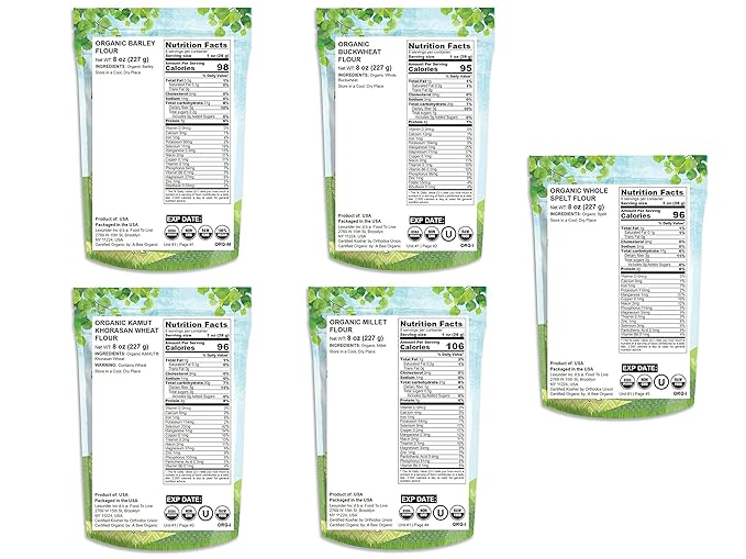 Food to Live Organic Flours in a Gift Box - Barley Flour, Buckwheat Flour, Kamut Flour, Millet Flour, Whole Spelt Flour