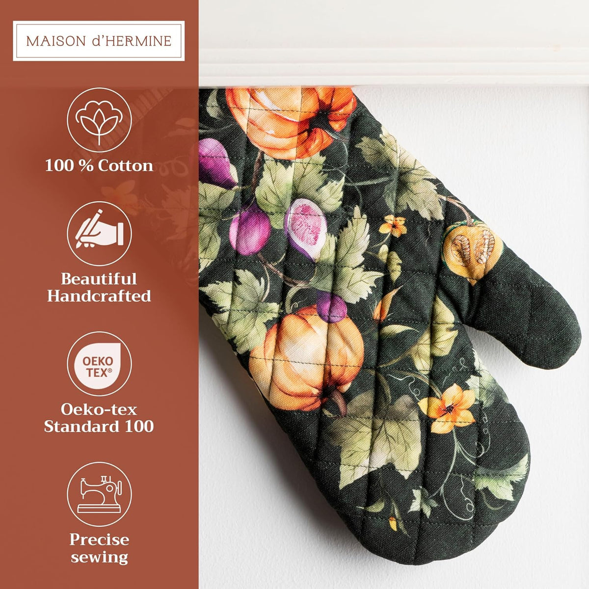 Maison d' Hermine Oven Gloves 100% Cotton Oven Mitt 7" x 13" with Loop Heat Resistant, BBQ, Cooking Gloves, Baking, Grilling, Kitchen, Handling Hot Pans (Pack of 1, Pumpkin Garden - Dark Green)