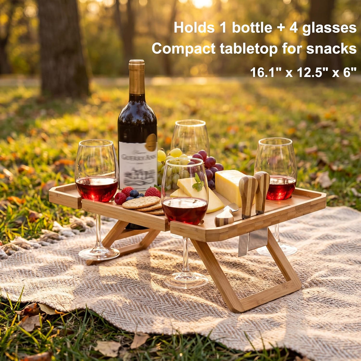 Kingrol Bamboo Picnic Wine Table, Foldable Outdoor Snack Table with Bottle Holder, 4 Glass Slots and Knife Slot, 16.1 x 12.5 x 6 in