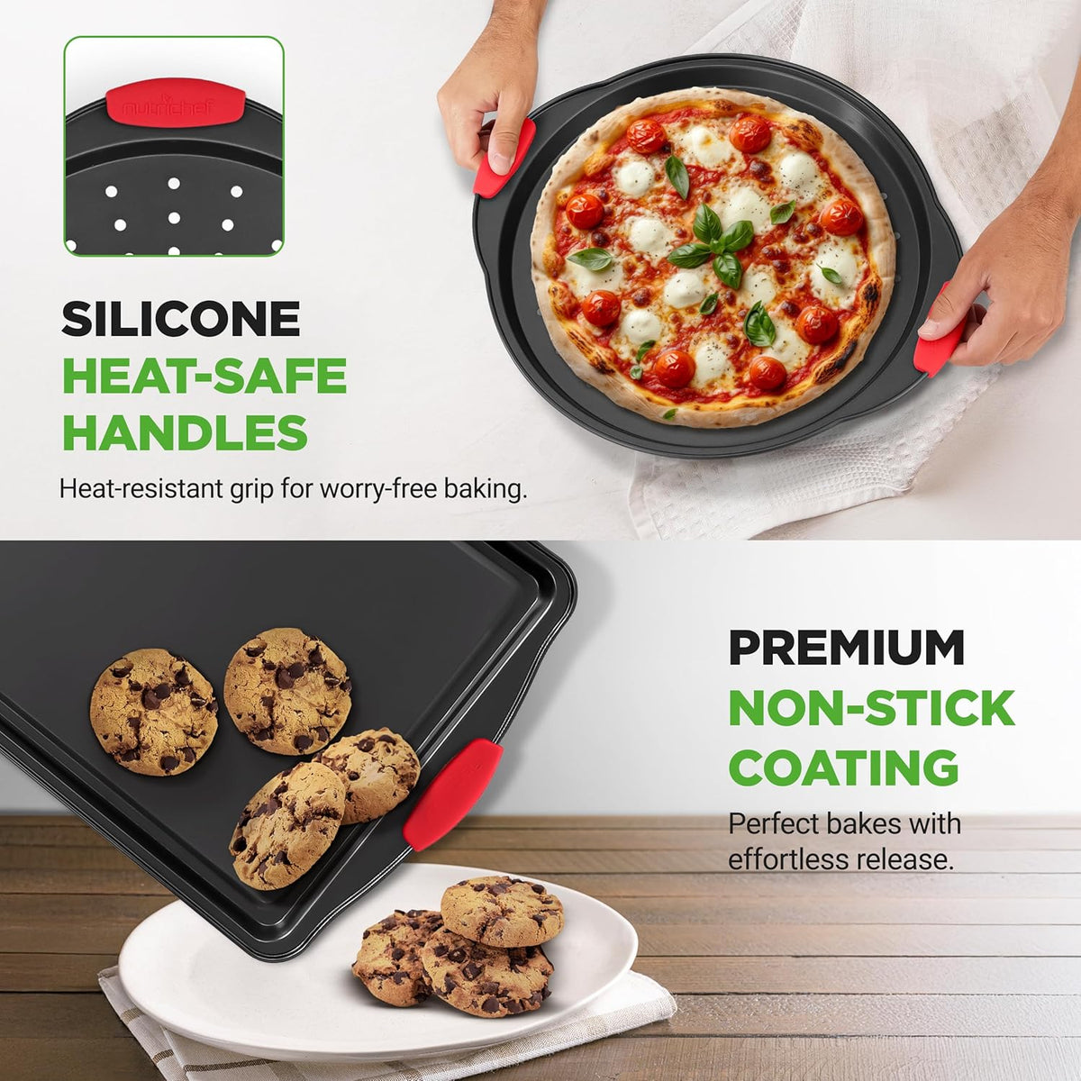 NutriChef Non-Stick Kitchen Oven Baking Pans-Deluxe &amp; Stylish Nonstick Gray Coating Inside Outside, Commercial Grade Restaurant Quality Metal Bakeware with Red Silicone Handles NCSBS8S, 8 Piece Set
