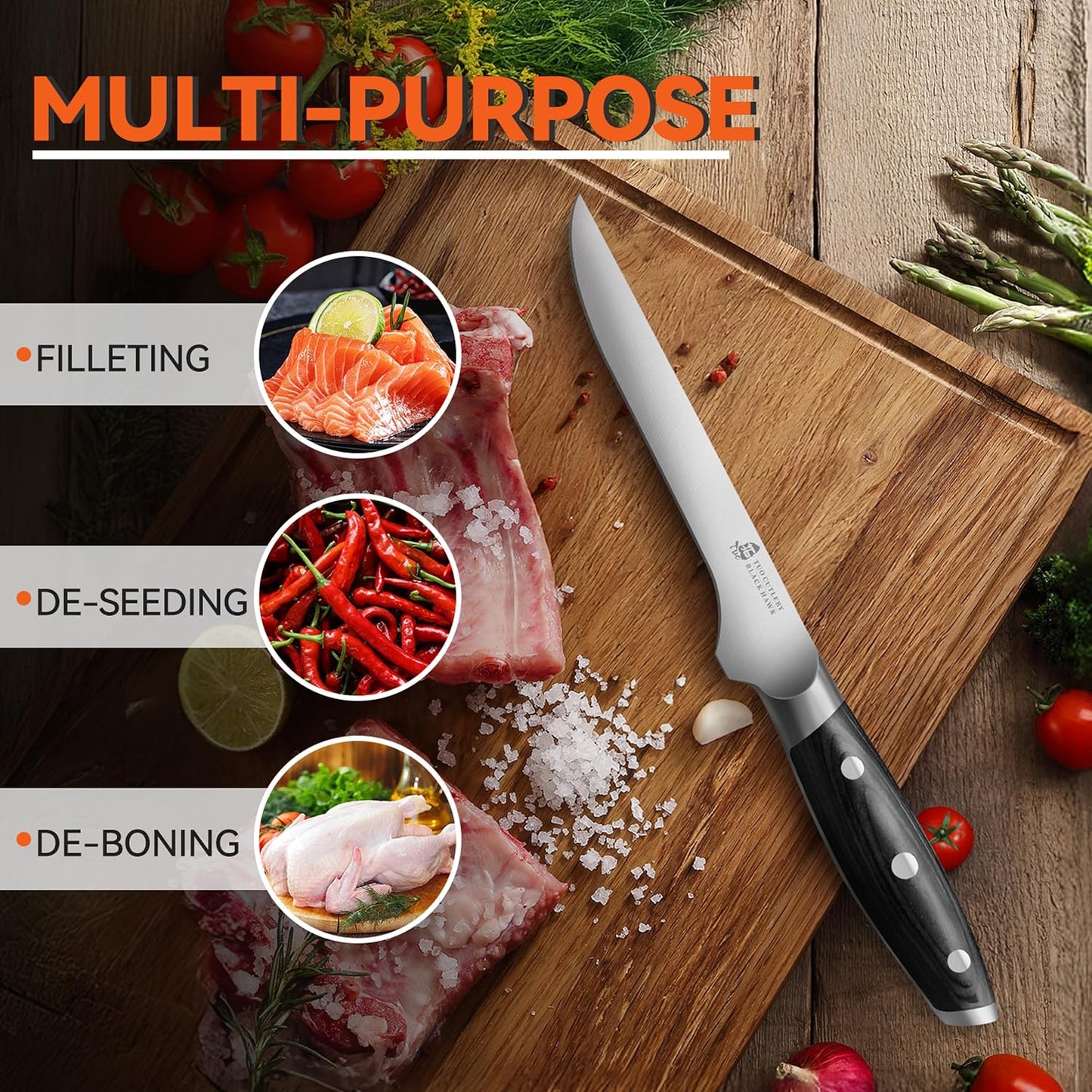 TUO Boning Knife, 6 inch Fillet Knife for Trimming Fat from Meat, Deer Skinning, Full Tang Handle, High Carbon German Steel, for Poultry Lamb Meat Cutting - Black Hawk Series