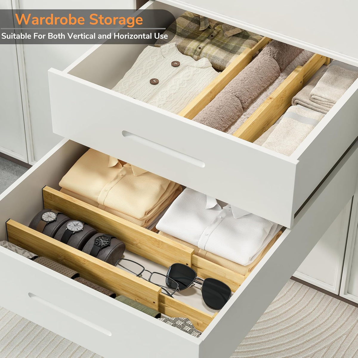 BAMEOS Bamboo Expandable Drawer Dividers – Fits 16.65"–22" Drawers, 3" Deep Walls, Set of 4 | Taller Spring-Loaded Separator Keeps Items Upright in Kitchen &amp; Dresser Drawers