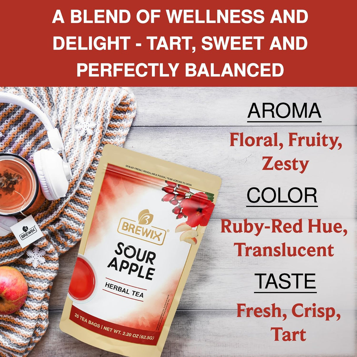 BREWIX, Sour Apple Hibiscus Tea Bags (25 Pyramid Tea Bags) Refreshing Wellness Brew for Any Mood | Caffeine-Free Herbal Fruit Tea with Real Apple, Hibiscus &amp; Rosehip | Tart, Fruity &amp; Refreshing | Hot or Iced Tea