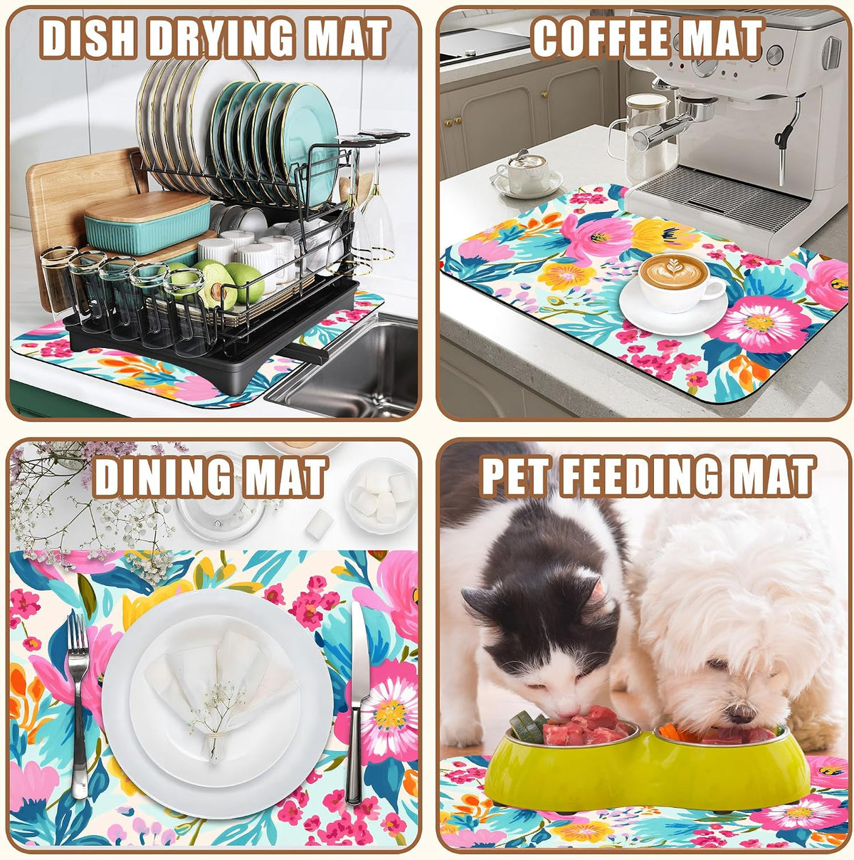 Watercolor Floral Dish Drying Mat for Kitchen Counter Coffee Bar Mat Hide Stain Absorbent Rubber Backed Coffee Maker Espresso Machine Accessories 11.8 x 19.7 Inch