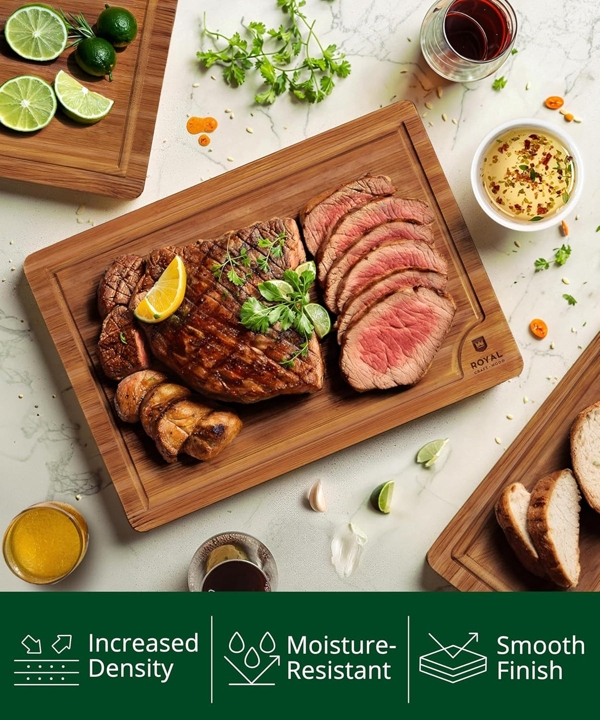 ROYAL CRAFT WOOD Wooden Cutting Boards for Kitchen Meal Prep & Serving - Bamboo Wood Serving Board Set with Deep Juice Groove Side Handles - Charcuterie & Chopping Butcher Block for Meat (3 Pcs)
