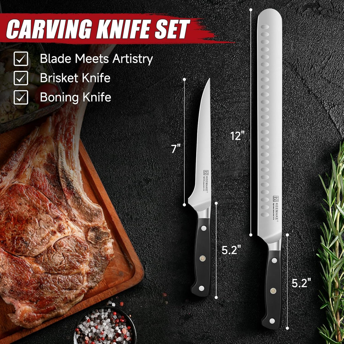 KEEMAKE Carving Knife Set, Brisket Slicing Knife &amp; Boning Knife For Meat