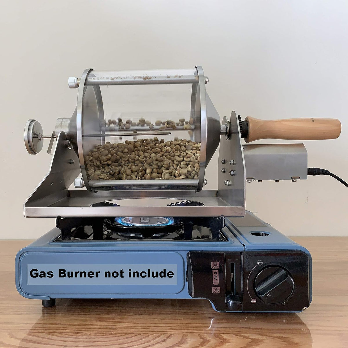 Coffee Roaster Gas Burner Coffee Roasting Machine for Home Use, 400g Capacity, Quartz Glass Drum, Stainless Steel Frame, Peanut and Nut Roaster