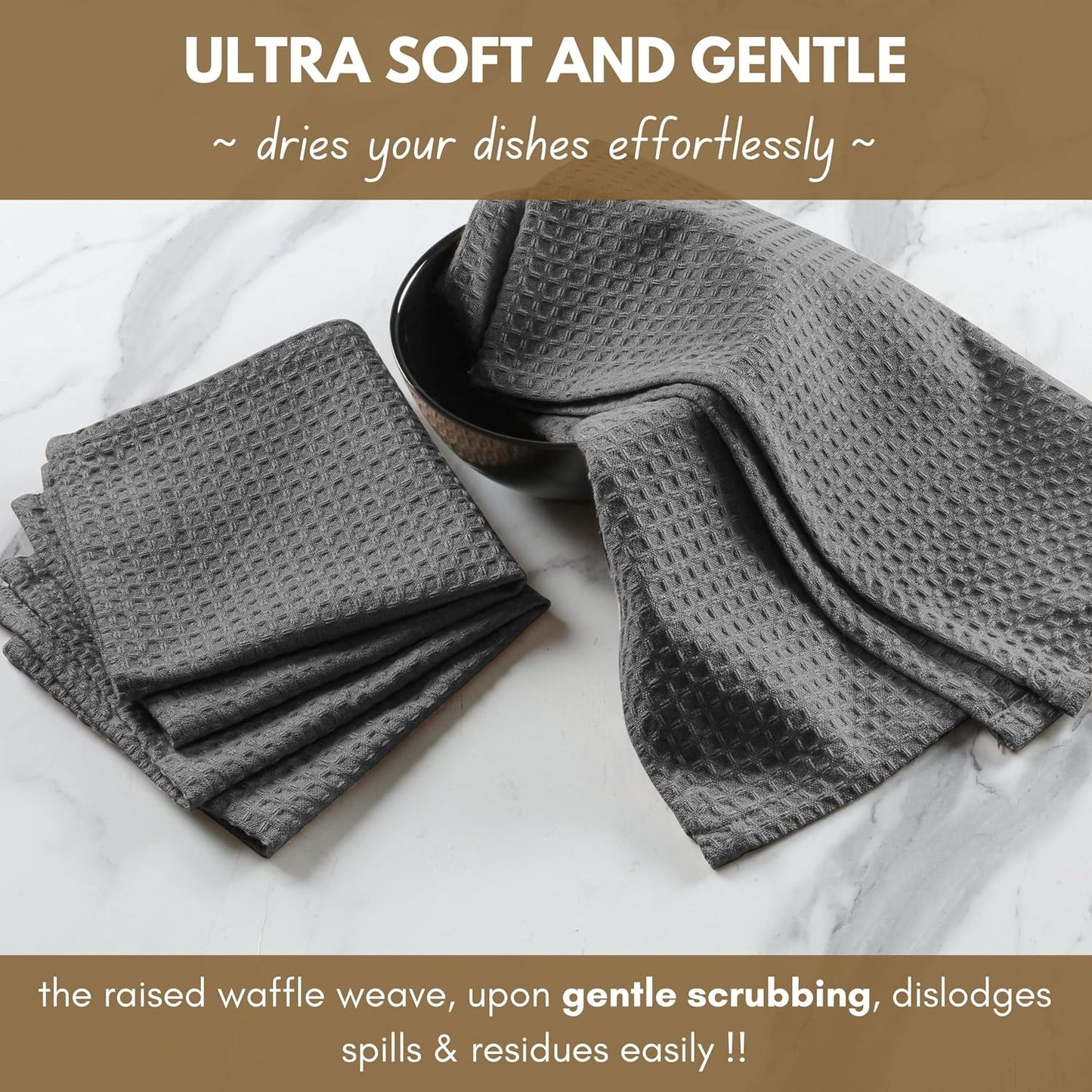 Native Fab 12 Pack Dish Cloths - 100% Cotton, Absorbent, Quick Drying, Reusable &amp; Washable Towels for Cleaning, Cooking &amp; Baking - Ideal for Home, Restaurants, Hotels, Cafes - 12 x 12 inches - Grey