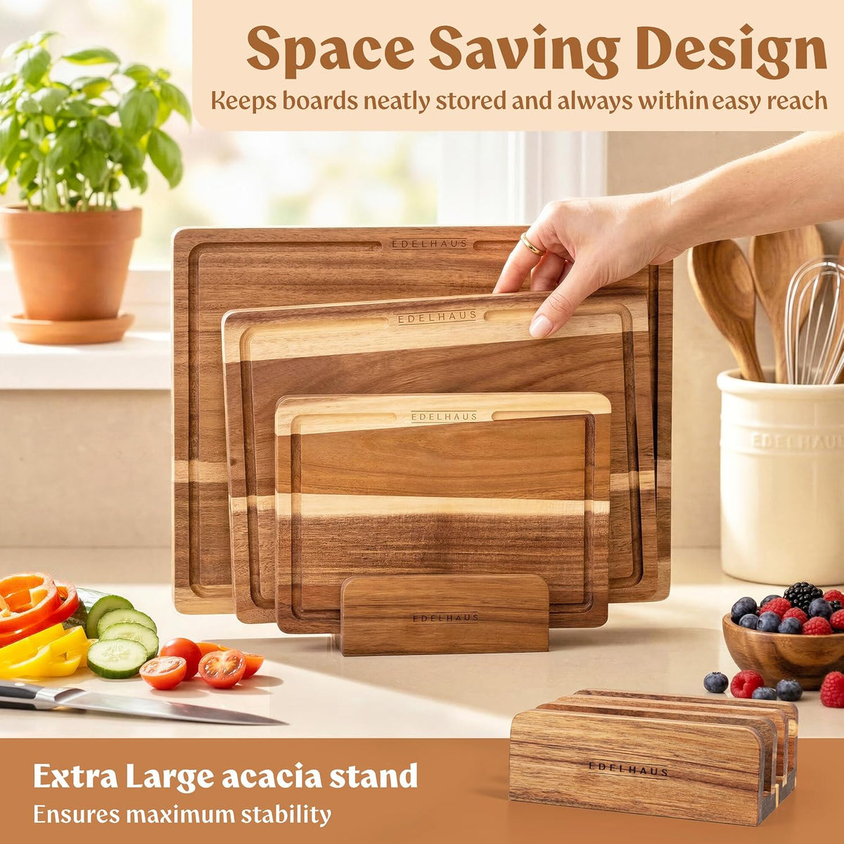 EDELHAUS Acacia Wood Cutting Boards for Kitchen Set of 3, Double sided