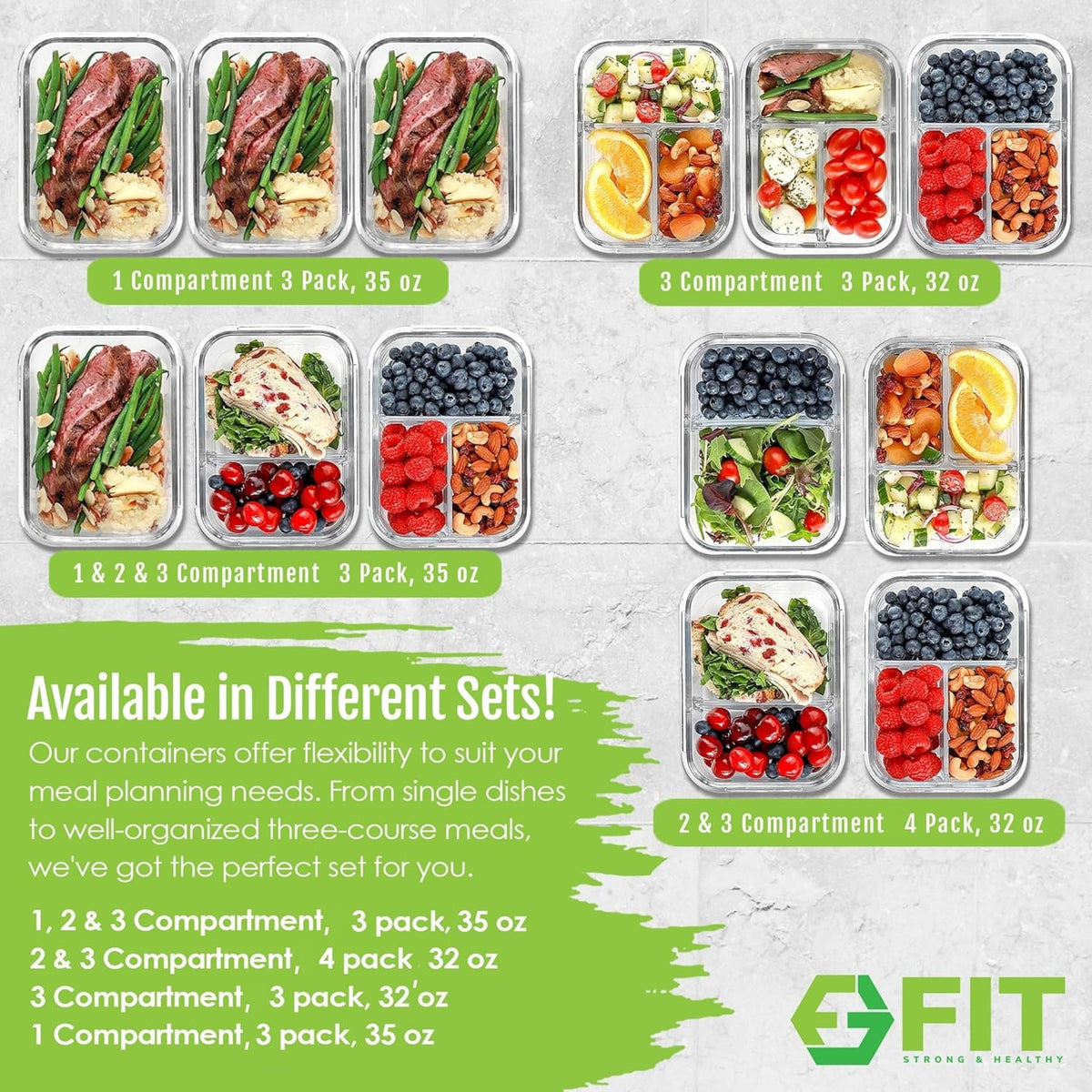 Glass Meal Prep Containers 3 Compartment, 3 Pack 32 oz Leakproof Lids Blue | Glass Bento Box for Portion Control, Airtight Snap-Lock, BPA-Free, Microwave Oven Freezer Dishwasher Safe Lunch Containers