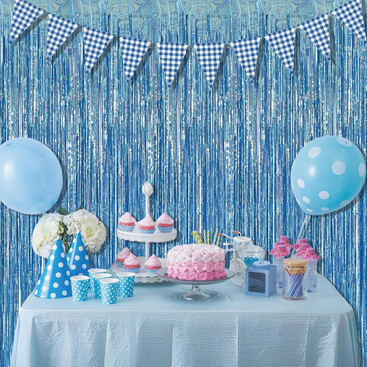 BRAVESHINE Light Blue Streamers Party Backdrop - 2 PCS Foil Fringe Curtains