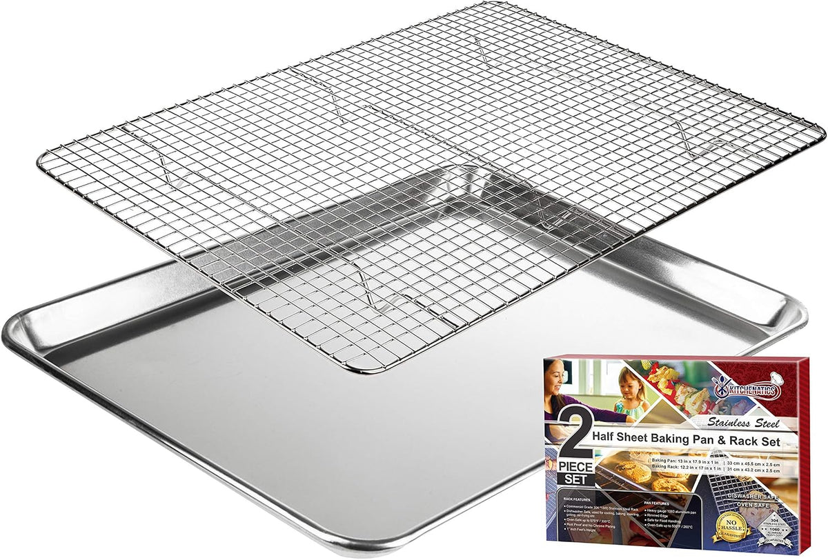 Half Sheet Baking Pan and Rack Set Warp-Free 13.1x17.9 In | Aluminum baking tray and stainless steel wire rack combo used together for large family meals