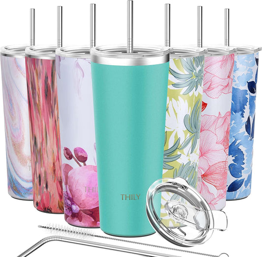 THILY Tumbler Vacuum Insulated Travel Mug 26 oz Coffee Cup with Lids and Straws, Reusable, Splash-Proof, Powder Coated, Keep Ice Drinks Cold, Teal