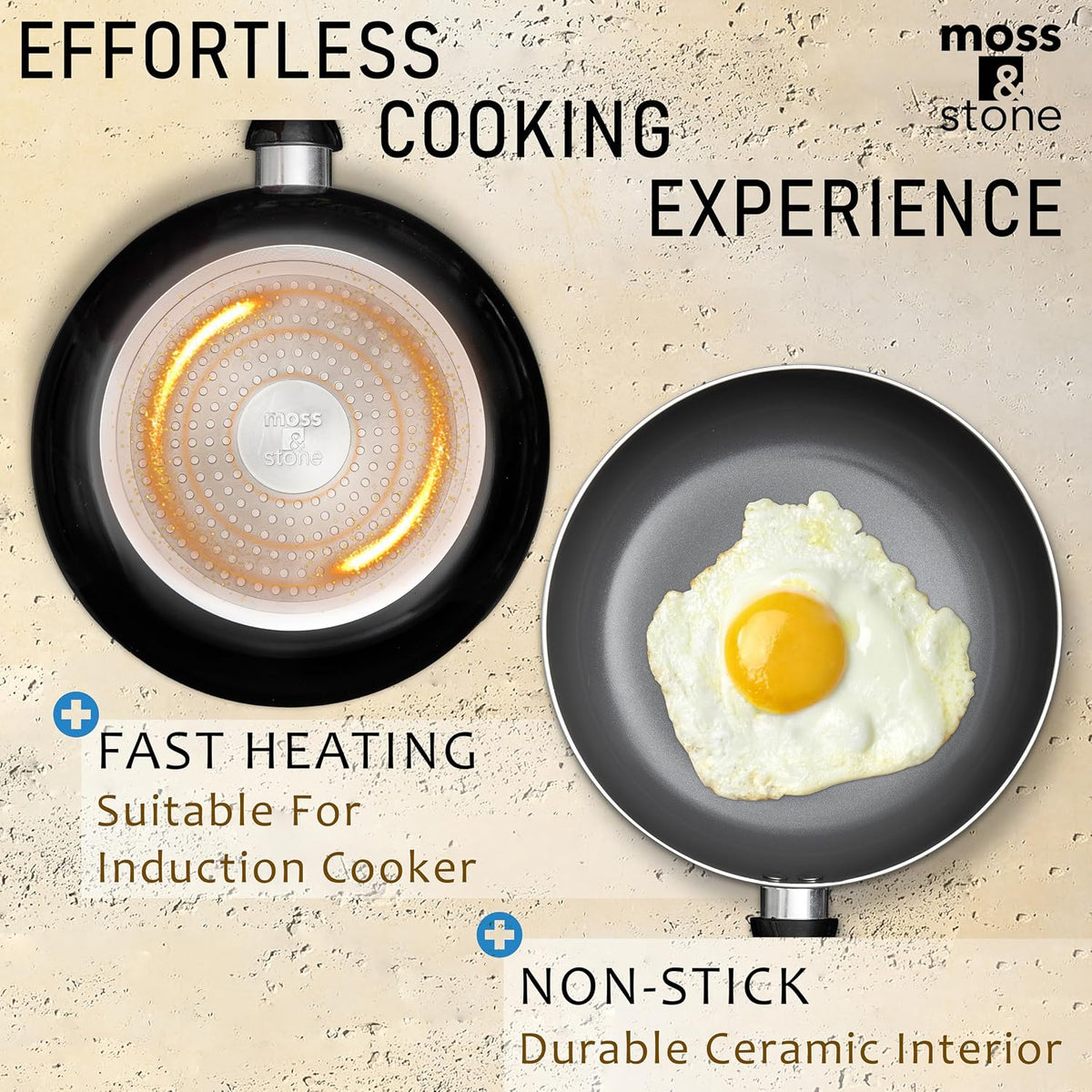 Moss & Stone 6 Pcs Black Nonstick Cookware Set, Pots And Pans Set Non stick With Glass Lid, Induction Cookware, Stay-Cool Handle PTFE/PFOA Kitchen Pots 6-Piece with Frying Pans & Saucepan