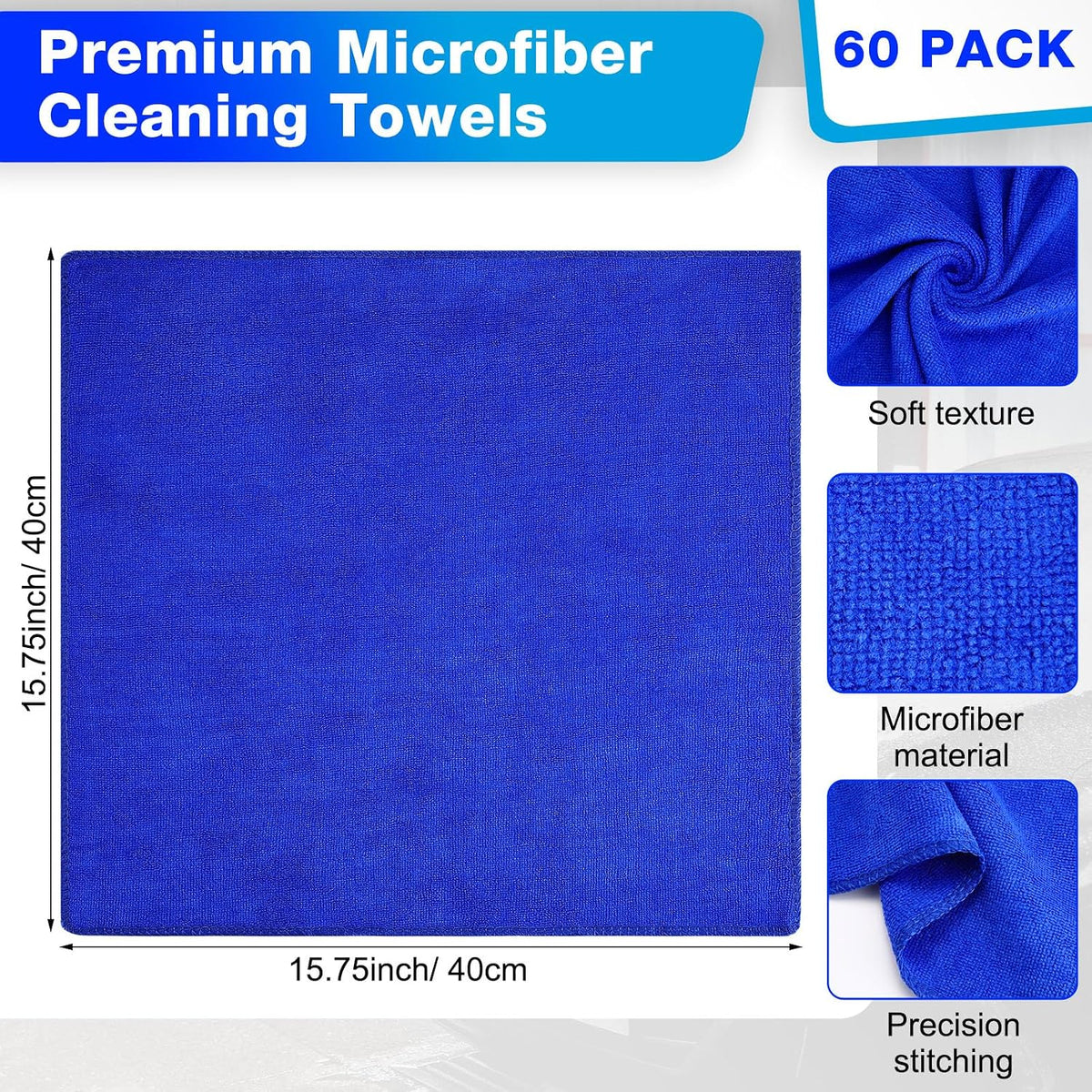 Nuenen Car Microfiber Clean Cloths, Blue, 16 x 16 Inch, 60 Pcs