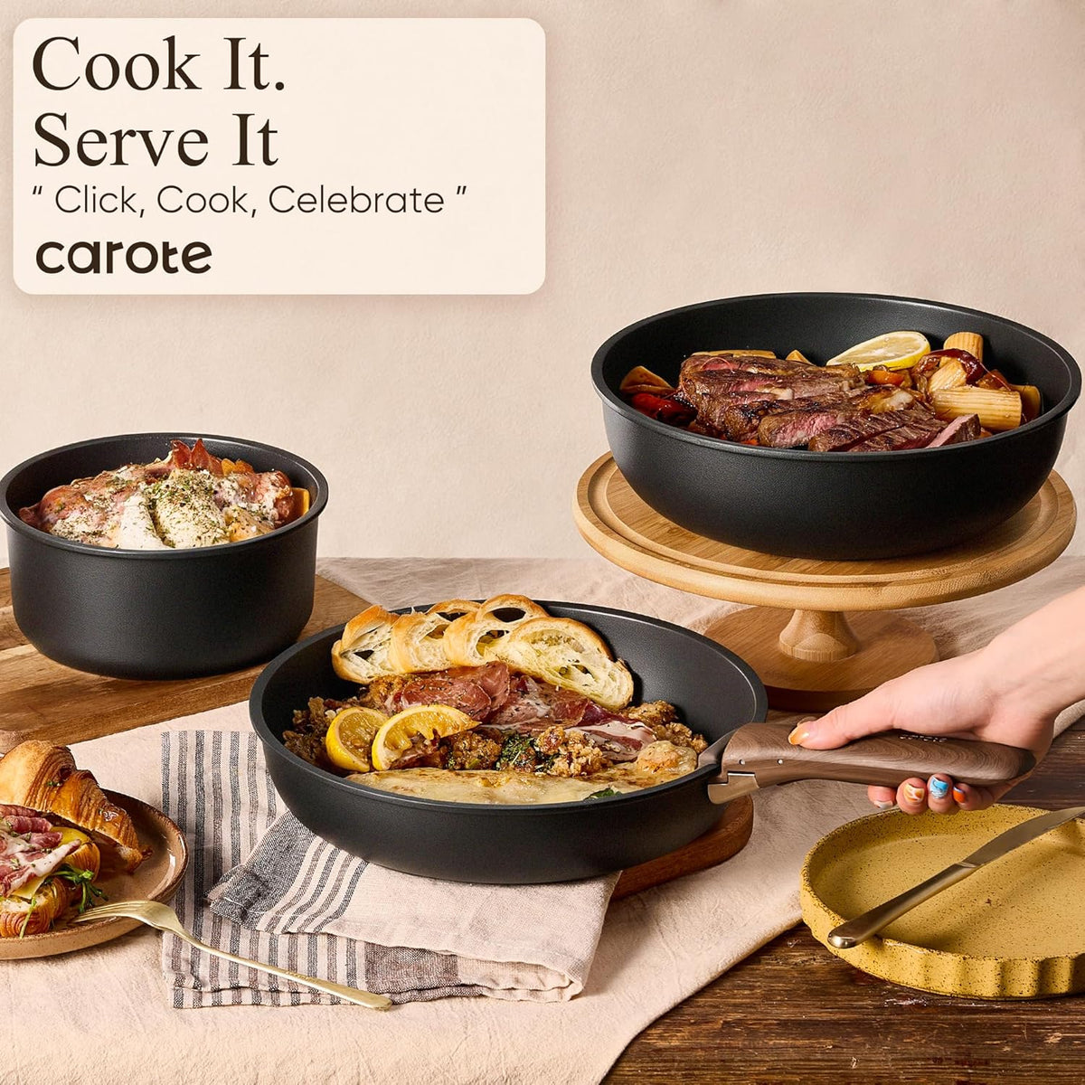 CAROTE 17pcs Pots and Pans Non Stick, Cookware Sets Detachable Handle, Induction Kitchen Pots and Pans,NonStick Cooking Set, Oven/Dishwasher/Fridge Safe, Space Saving