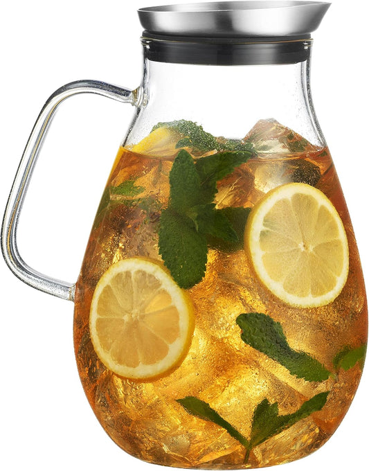 MITBAK 84- OZ Glass Pitcher With Stainless Steel Lid | Beautiful Lightweight Beverage Jug Carafe With A Wide Handle | Great