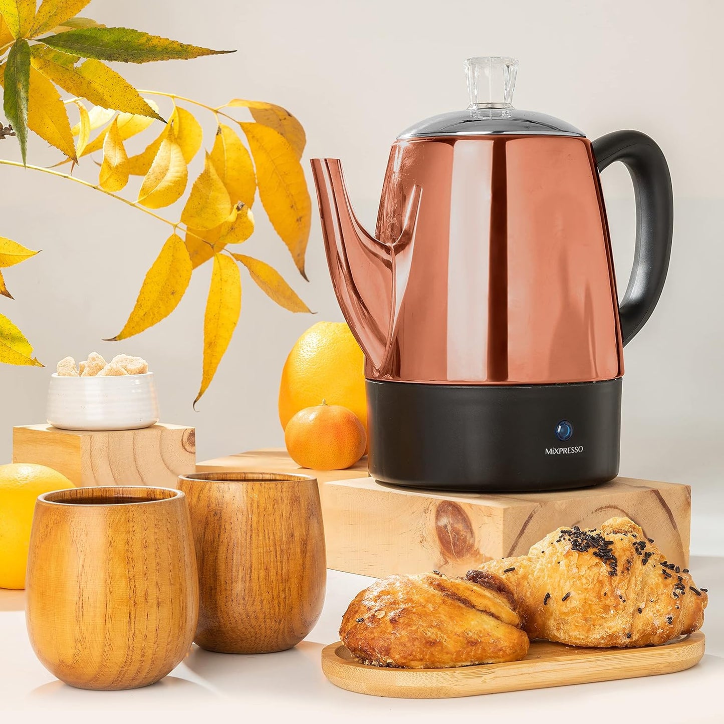 Mixpresso Electric Coffee Percolator Copper Body with Stainless Steel Lids Coffee Maker, Percolator Electric Pot - 4 Cups, Copper Camping Coffee Pot