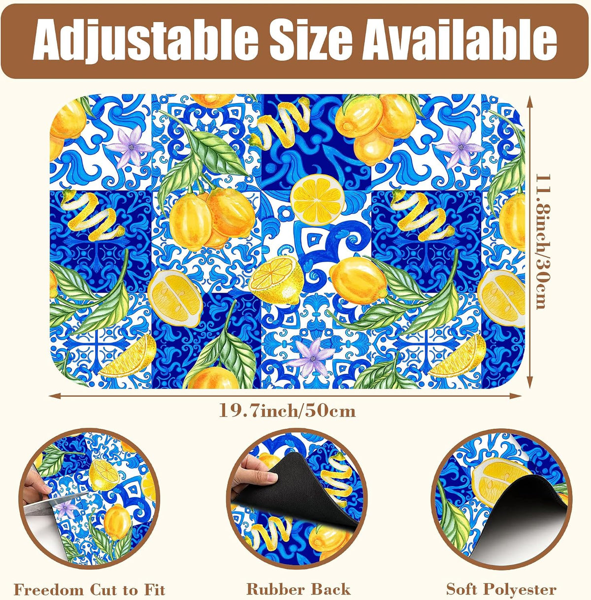 Lemon and Blue Tile Dish Drying Mat for Kitchen Counter Coffee Bar Mat Hide Stain Absorbent Rubber Backed Drying Rack Pad Espresso Machine Coffee Bar Accessories 11.8 x 19.7 Inch