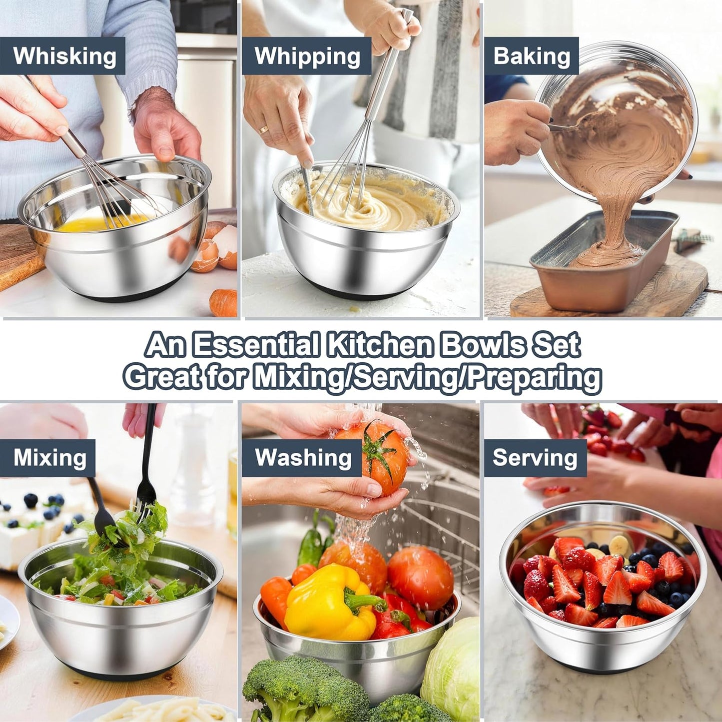 TeamFar Mixing Bowls, Stainless Steel Salad Bowls with Lids - Black | Nesting Bowls with Non-slip Bottom, for Kitchen Baking Preparing Serving, Stackable &amp; 6PCS - 4.6 /2.6 /2 / 1.5 /1 / 0.7 Qt