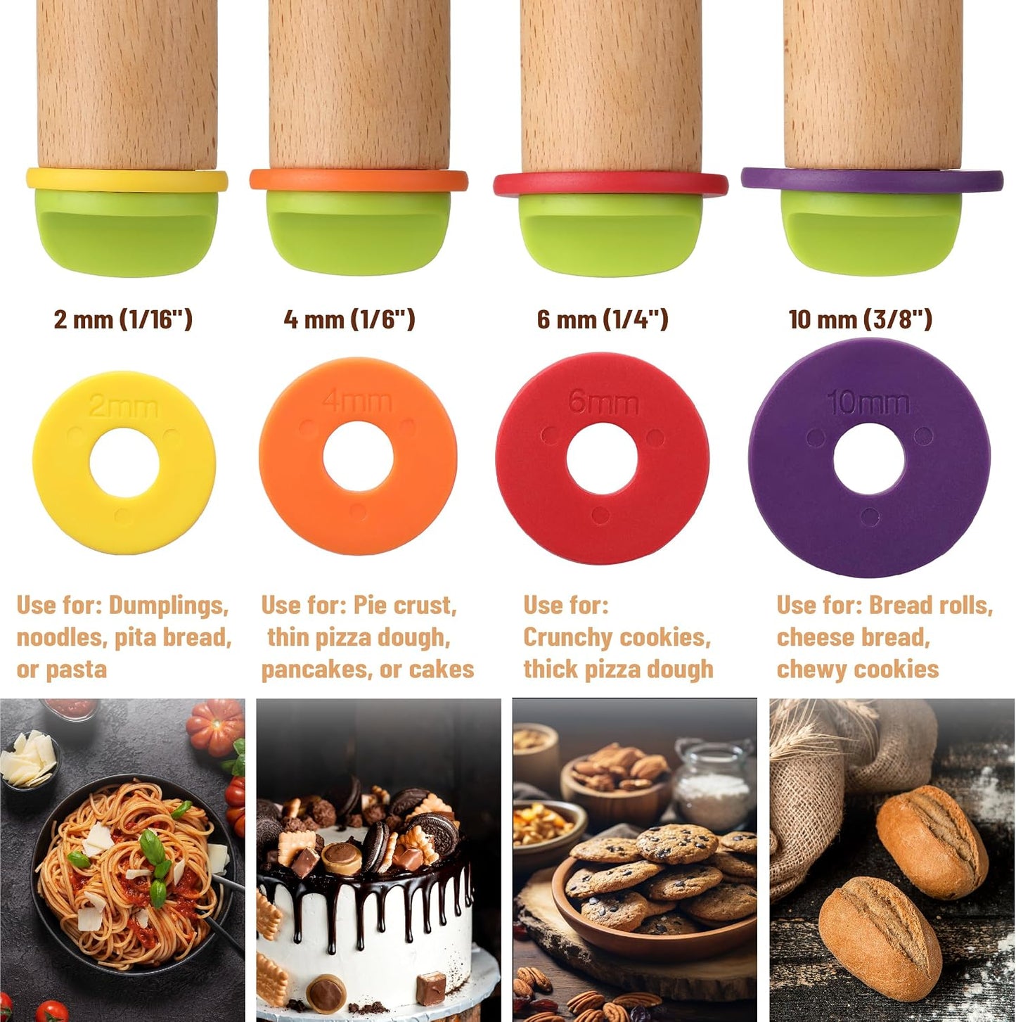 Adjustable Rolling Pin with Thickness Rings, 13.8", 4 Rings