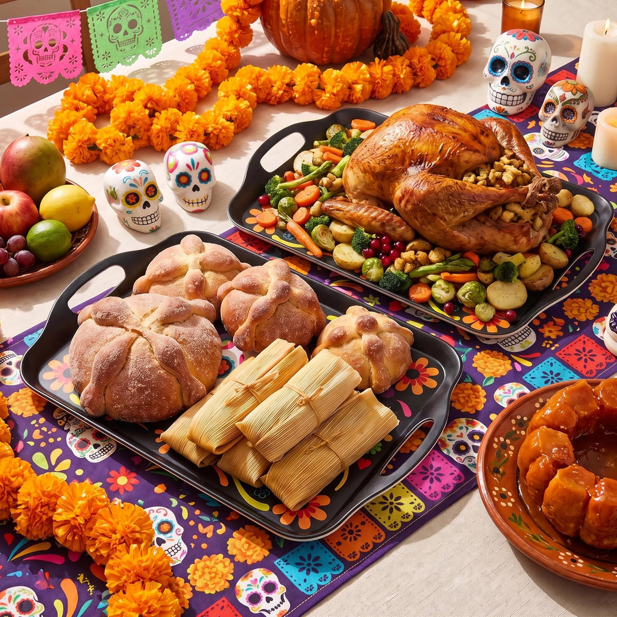 Oasis Choice 2-Pack Dia de Los Muertos Serving Trays, 17.3"×12.2" Calavera Sugar Skull Platters, Durable Bamboo Fiber, Dishwasher Safe for Fiesta &amp; Day of the Dead (Calavera Vibrant, 17inch)