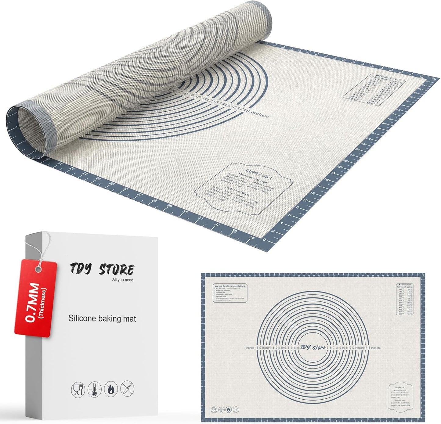 26 * 16 inches Grey, Non-Slip Silicone Baking Sheets - Baking Mat with 0.7mm Thickness - Non-Stick Pastry & Cookie Mat for Kitchen Counter for Rolling Out Dough with Measurements.